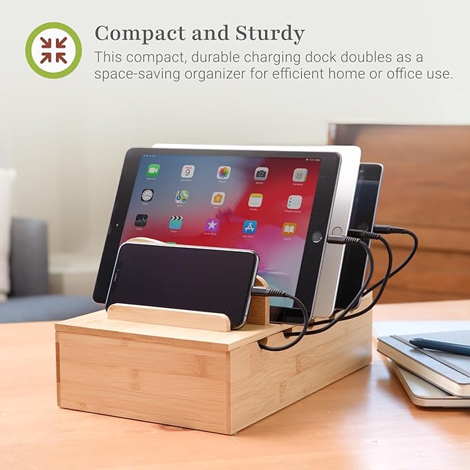 Prosumer's Choice Wooden Charging Station Organizer - 5-Port Base for Phones, Tablets and Laptops - Multi-Device Docking Station with Removable Divider Slots - Cord Box with Cable Management - Bamboo