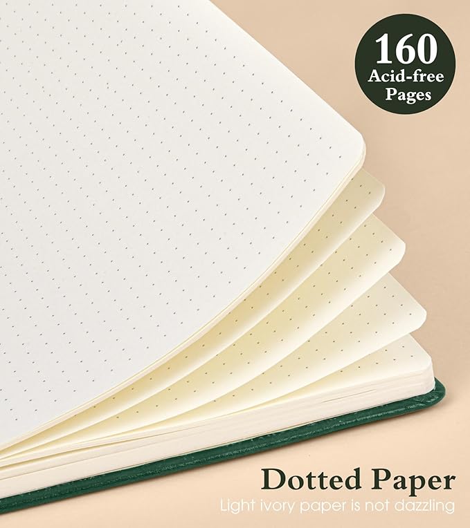 Dotted Journal Notebook for Women Men, 160 Pages Dot Grid Paper,Inner Pocket, A5 Hardcover Vintage Leather Notebooks for School, Work, Travel, Note Taking,Bullet Journaling 5.8"x8.5" (Green)