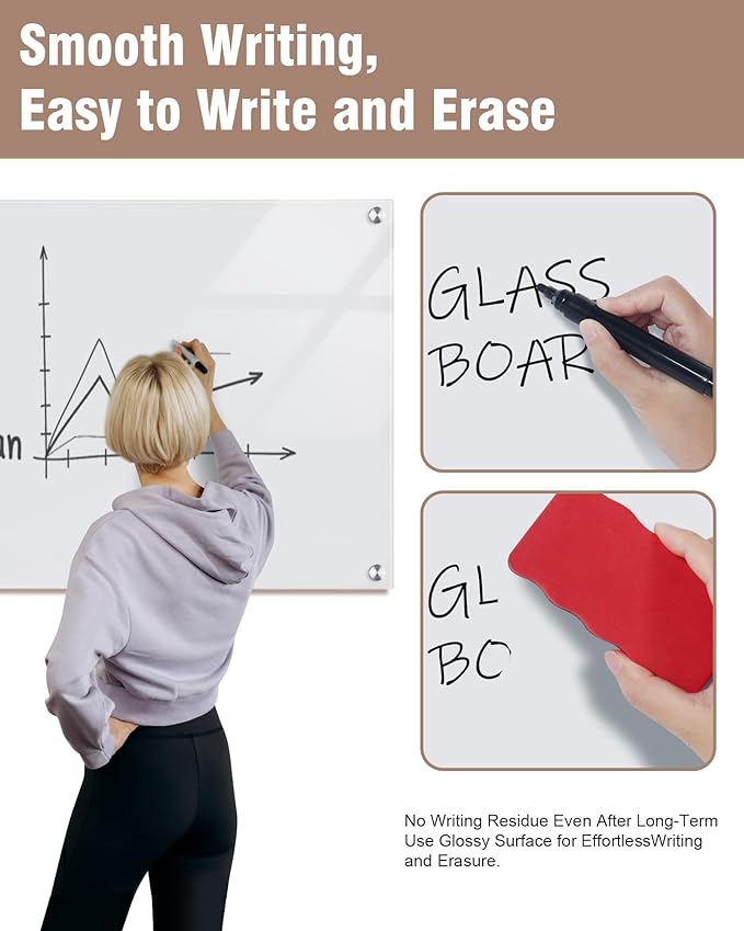Magnetic Glass Whiteboard,60"x48" Wall Mounted Frameless Dry Erase Board for Office, Home & School Ultra White
