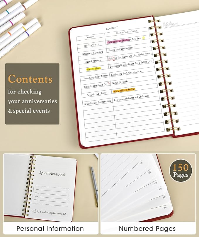 Lined Spiral Journal Notebook, A5 Hardcover Spiral Journals for Women Men, 150 Numbered Pages Spiral Bound Notebook, 100 GSM College Ruled Notebooks for Writing Note Taking 5.75" x 8.38", Wine Red