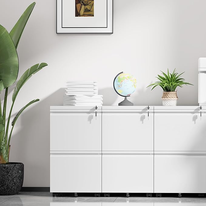 INTERGREAT Mobile File Cabinet with Lock,Under Desk Metal Filing Cabinet for Home Office, White 2 Drawer File Cabinets with Wheels for Legal/Letter/A4 File