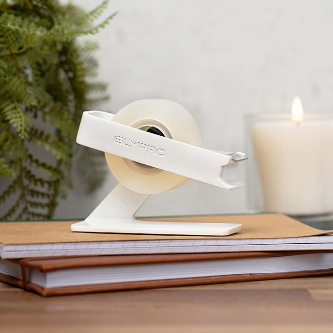 ELYPRO Modern Tape Dispenser for Office Desk - Elegant and Minimalist Design, Heavy Metal Made, Space-Saving, Perfect for Office & Home Use or as a Stylish Gift - Bonus Tape Roll Included (White)