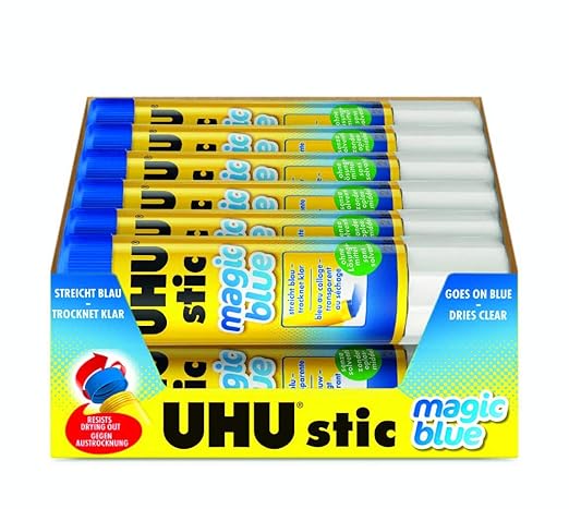 UHU Colored Glue Stick, 0.74oz Blue, rubs on Blue & Dries Clear, Washable, Solvent Free, Screw on Cap, Pack of 12, 9U 99602