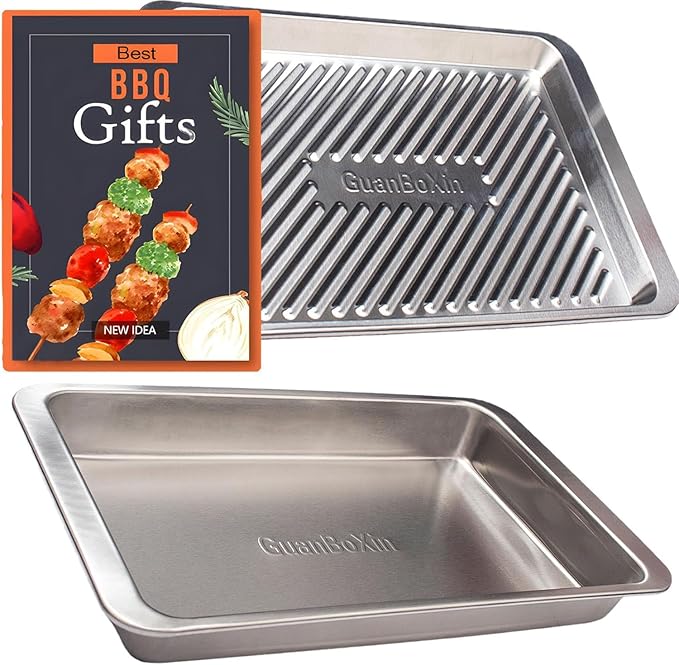 Grilling Prep and Serve Trays, Set of 2 Stackable Stainless Steel BBQ Trays Marinating Tray Serving Platter for Plating Food BBQ Prep Tub for Marinating Meats, Grill Accessories