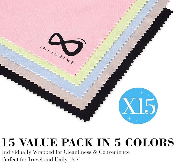 Microfiber Glasses Cloth 15 Pack (6x7 Inch) - 5 Assorted Colors - Premium Soft Scratch-Free Cleaning for Eyeglasses, Screens, Phone, Camera Lenses & Electronics