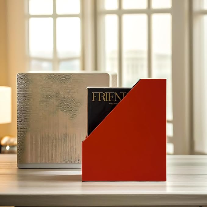 UnionBasic Magazine File Holder - Office Leatherette Desktop Document File Folder Journals Organizer Racks, Red, Set of 4