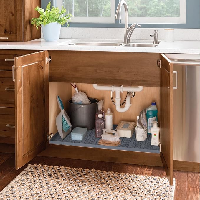 Under Sink Mat, 34"x22" Under Sink Mats for Kitchen, Silicone Waterproof Under Sink Liner, Sink Cabinet Organizer Tray with Drain Hole (Gray, 34 * 22)