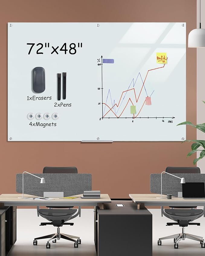Magnetic Glass Whiteboard,72"x48" Wall Mounted Frameless Dry Erase Board for Office, Home & School White