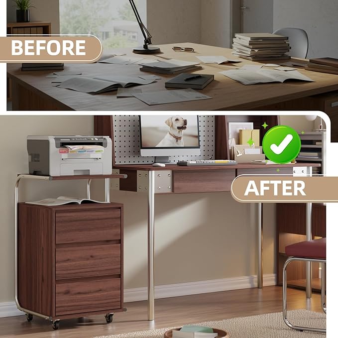 JOMEED 3 Drawer File Cabinet with Extended Desktop Lockable Wheels Under/Beside Desk Storage and Organizer Cabinet for Home Office, Small Rolling File Chest, Printer Stand, Modern Style, Walnut, Large