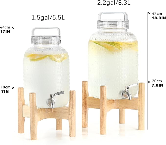 EGGKITPO 2.2 Gallon Drink Dispensers with 304 Stainless Steel Spigot for Parties Lemonade Dispenser with Wood Bracket Clear Cover Polycarbonate Beverage Dispenser for Home Use