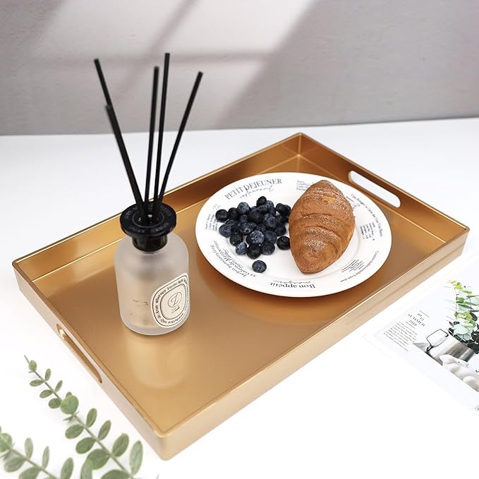 Spsyrine Gold Decorative Serving Tray with Handles, Elegant Plastic Coffee Table Tray for Ottoman, Living Room, Home Decor 15.6" X 10.2"