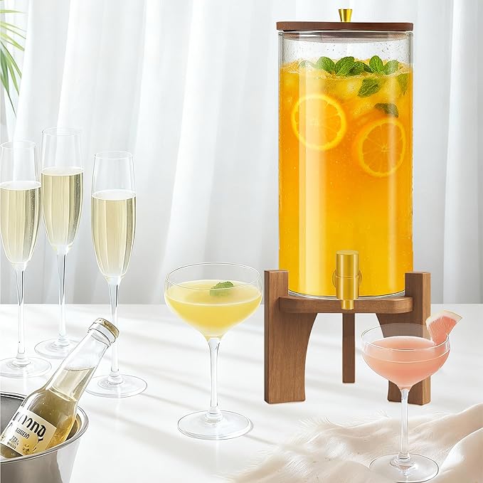 Glass Drink Dispenser,1.5 Gallon Beverage Dispenser with Stand,Lemonade Dispenser with Stainless Steel Faucet,Drink Dispensers for Parties, Bars and Home (Round Stand)