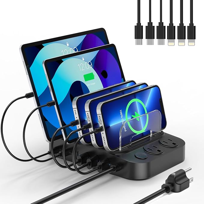 Catlyn Charging Station for Multiple Devices, 8 Port Charger Stations with 6 Mixed Charger Cables Organizer Dock,Compatible for Cell Phone,Tablet, Kindle, iPhone iPad for Family Home Office(Black)