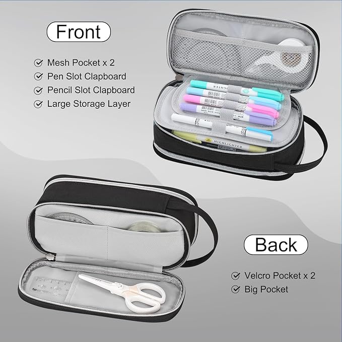 Pencil Case Large Zipper Pencil Pouch for Girls Kids Teens Adults Aesthetic Pencil Bag Stationery Organizer Pencil Case with Handle for School Black