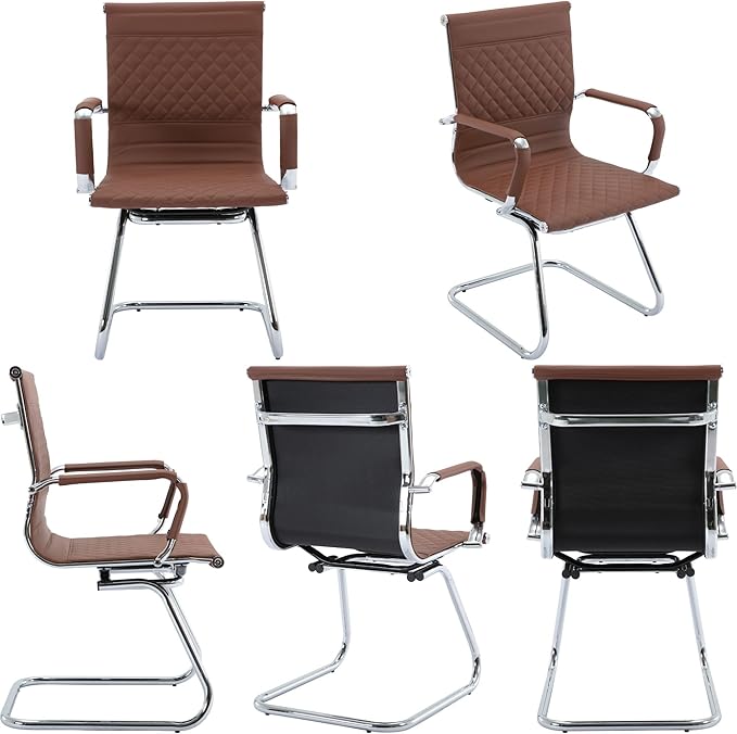 Modern Office Chairs Set of 2, Brown Faux Leather, Ergonomic, Adjustable Height, Conference Room, Reception Area
