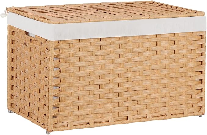 Large Storage Basket with Lids Handmade Woven Storage Basket for Organizing Blanket, 22"*13.4"*13.4"Foldable Storage Bin with Handles, Removable Liner, Basket for Bedroom, Laundry Room, Home(Natural)