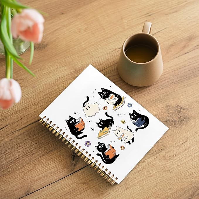 WUCHJ Halloween Ghost Black Cat Notebook, Cat Reading Journal for Book Lovers, Spooky Ghost Bookish Spiral Notebook Journal for Note Taking, Book Lover Gifts, Halloween Office Supplies, 5.5x8.3 Inch
