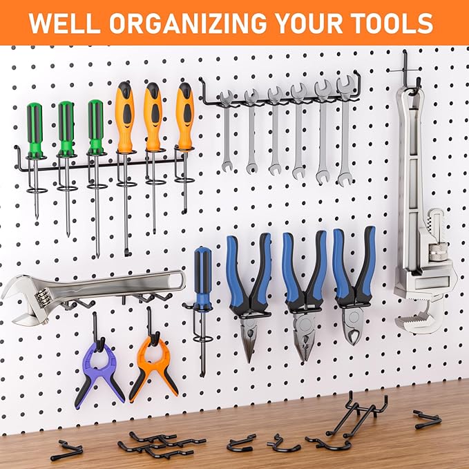 INCLY 176PCS Extra Thick Pegboard Hooks, 1/4" Heavy Duty Black Metal Peg Board Hooks Assortment with Peg Locks Pegboard Accessories Kit for Garage Wall Organizer Hanging Tools