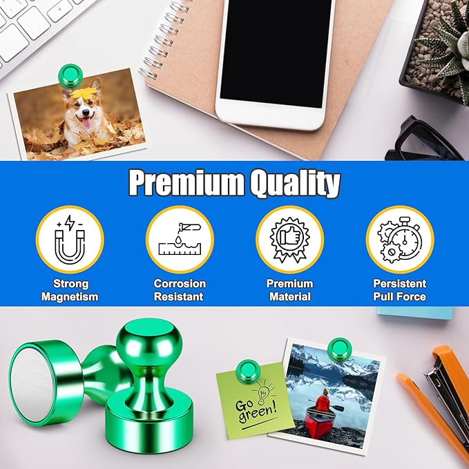 Whiteboard Magnets, Green Metal Strong Fridge Magnets, Magnetic Push Pins for Refrigerator, Magnetic Clips Heavy Duty for Office, Classroom, Fridge Accessories, Desk Accessories, 56PCS