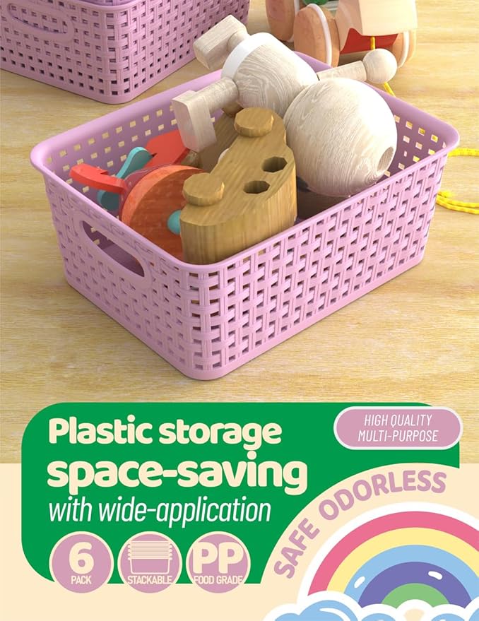WYT 6-Pack Plastic Small Shelf Storage Weave Baskets Organizing for Cabinets and Pantries, Lavender Purple