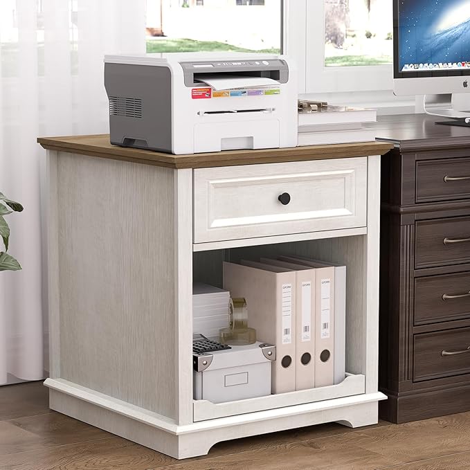 Lateral File Cabinet 3 Drawer File Cabinet with Charging Station, Printer Stand with Open Adjustable Storage Shelves, Lateral Filing Cabinet for Home Office, White