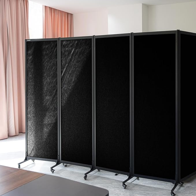 Upgrade Version Room Partition and Divider, Freestanding Rolling Dividers with Wheels,Office Privacy Screen Divider Wall,Classroom Felt Dividers,8'2"L* 6'7"H,4 Panel,Black