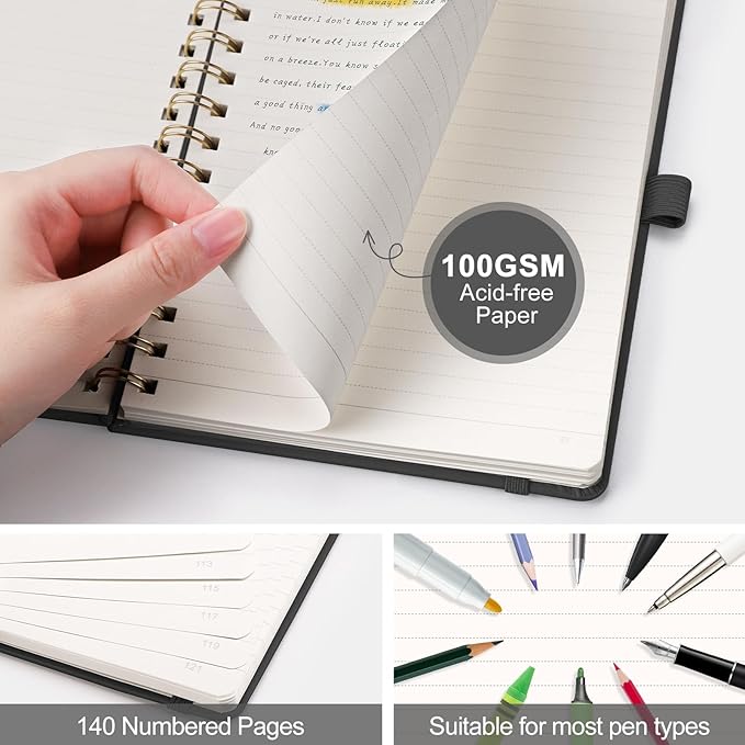 AHGXG Lined Spiral Notebook Journal for Women, 140 Pages Hardcover Leather Notebook College Ruled, A5 5.7" x 8.3", 100 GSM Thick Paper, Notebooks for School Work, Journals for Writing, Black