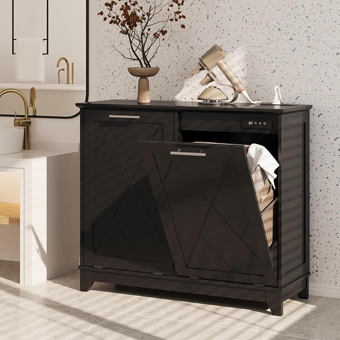 20 Gallon Tilt Out Trash Cabinet, Kitchen Trash Can Cabinet w/Negative ion and deodorizing Function, Dog Proof Garbage Can Cabinet for Kitchen, Bathroom, Living Room, Black