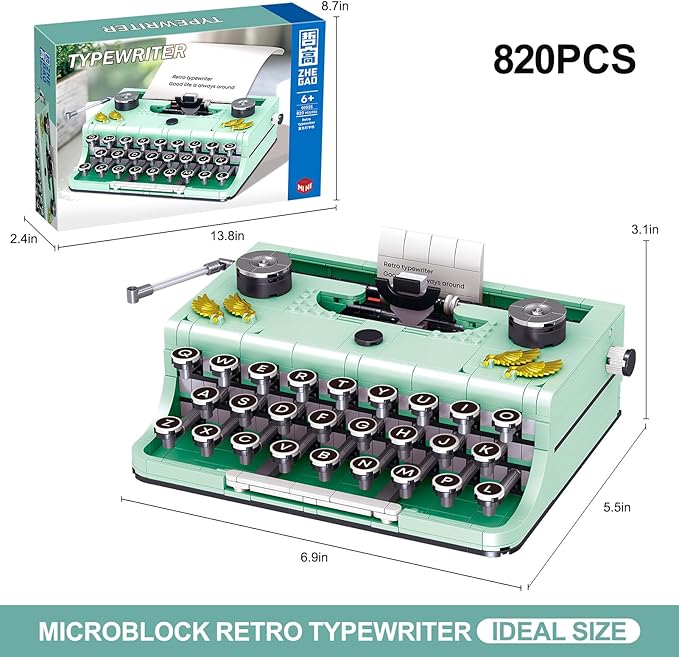 XIU Ideas Retro Typewriter Building Blocks Set,Typewriter mini Building Blocks Set for Adult,STEM Vintage Building Blocks Kit for Kid 6+(820pcs),Collectible Typewriter Display Model Green