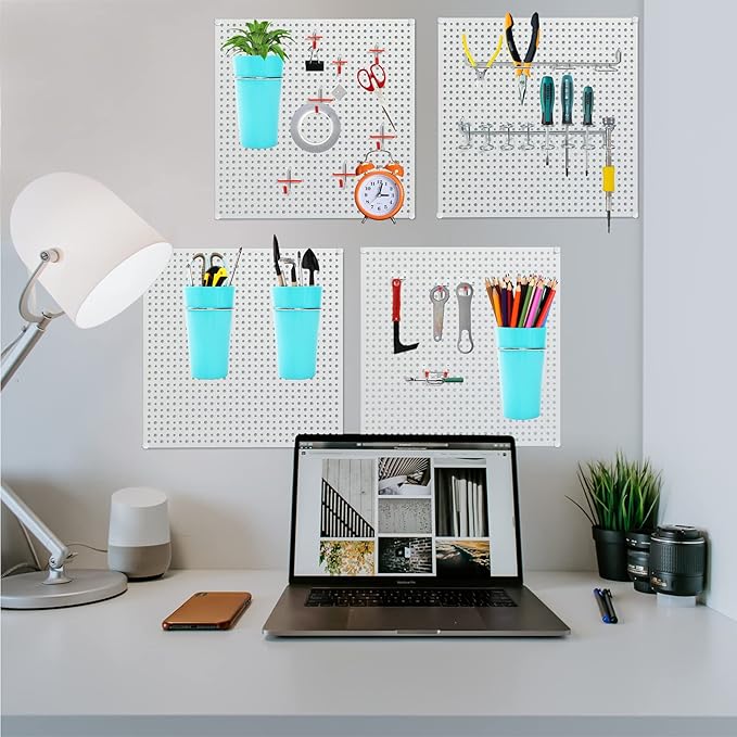 Pegboard Rack Garage Storage Steel Horizontal Peg Board Pack,Steel Pegboard Heavy Duty- 4 Pack 16-Inch X 16-Inch Metal Peg Board Tool Organization Panels(White)