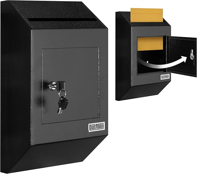 Drop Box Deposit Safe 10 x 4 x 16” Heavy Duty Steel with Slim Profile Wall Mailbox with Wide Deposit Slot for Letters, Documents Checks and Cash for Home, Office & Commercial (W300) (Black)