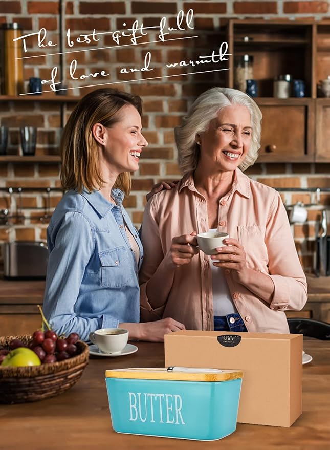 Butter Dish with Lid: Large Butter Container for Countertop - Ceramic Butter Holder for Counter - Butter Tray Butter Keeper with Knife and Sponge Scrubber - Perfect for 2 Sticks of Butter Green