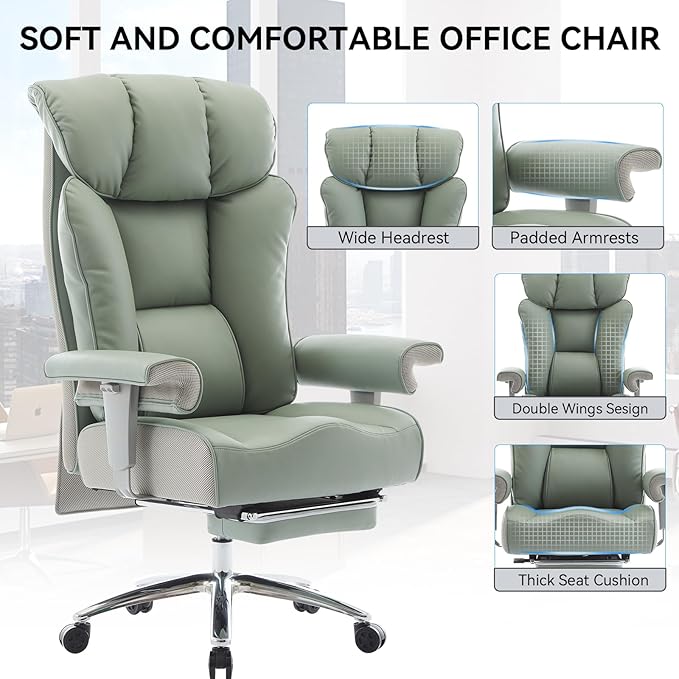 Efomao Big and Tall Green Office Chair 450LBS – Ergonomic High-Back Executive Chair with Footrest, Adjustable Padded Armrests, PU Leather Computer Chair with Lumbar Support for Home or Office,Green