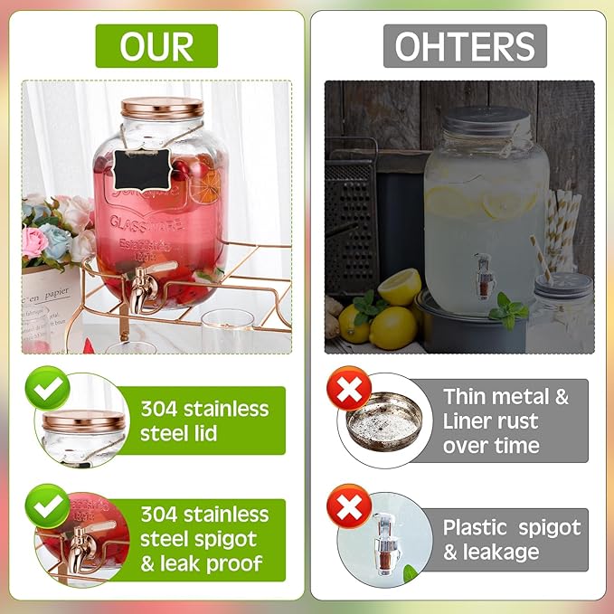 Lallisa 2 Pcs 2 Gallon Glass Drink Dispenser with Stand Ice Cylinder Hanging Chalkboard Signs 18/8 Stainless Steel Spigot Beverage Dispensers for Parties Mason Jar Drink Lemonade (Rose Gold)
