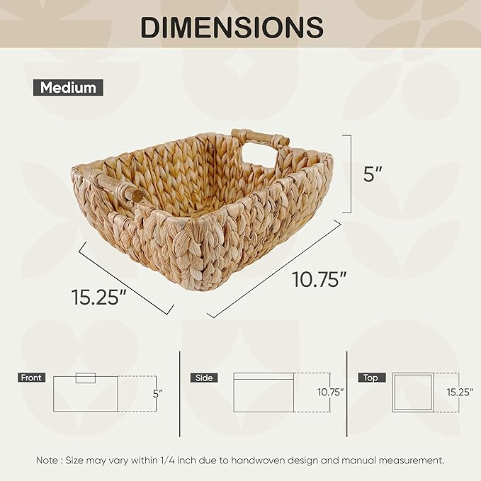 Medium Rectangular Handwoven Wicker Basket - Water Hyacinth Storage Baskets with 2 Polished Wooden Handles for Store Hand Towel, Fruits & Veggies etc – 10.75"x15.25"x5" - Pack of 2 - Natural