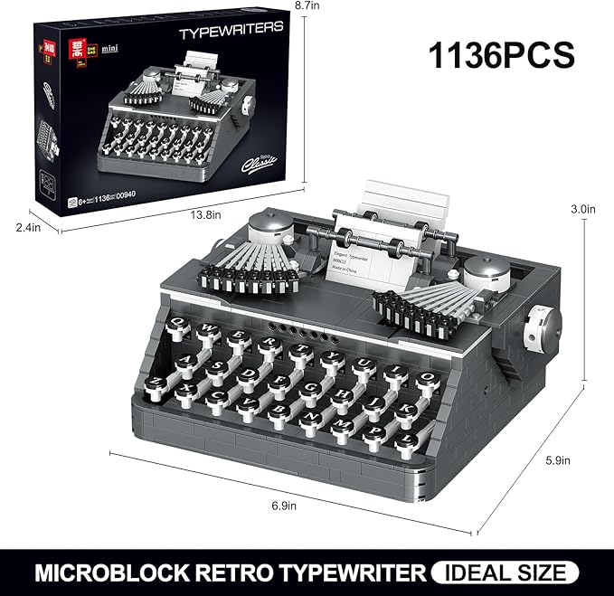 XIU Ideas Retro Typewriter Building Blocks Set,Typewriter Mini Building Blocks Set for Adult,STEM Vintage Building Blocks Kit for Kid 6+(1136pcs),Collectible Typewriter Display Model Black