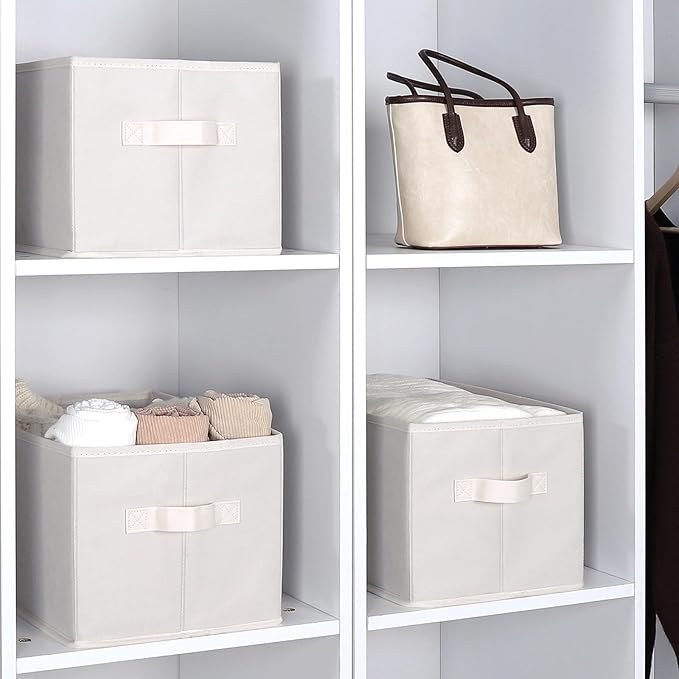 WUIKE Storage Baskets for Shelves, Fabric Storage Bins with Handles, Foldable Shelf Basket for Closet Organizers and Storage, Closet Storage Bins for Organizing, Beige, Large, 3-Pack