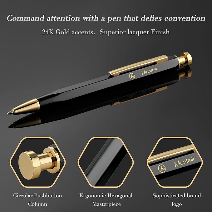 Black Click Pen With 24K Gold Finish, Fine lacquer work, Exquisite Gel Pen Gift Set for Men & Women, ADMOK Black refill, Office Supplies, Professional, Executive, Nice Retractable Pen