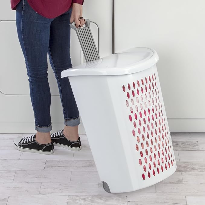 (1-Pack) Wheeled Laundry Basket - 135 Liters Large Capacity - White Plastic with a Cover and Extendable Handle, Suitable for Homes, Dormitories,Laundry Rooms and Apartments.