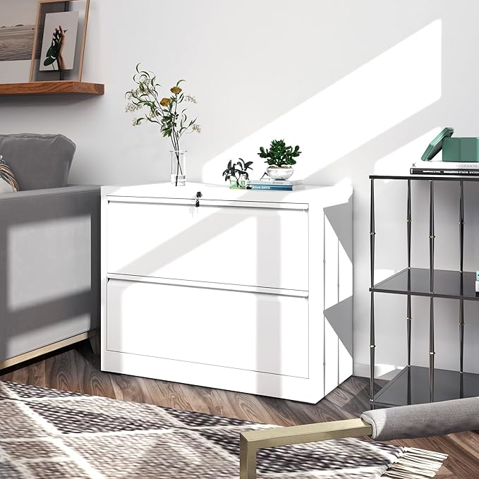 File Cabinets 2 Drawer, Metal Office Storage Filing Cabinet with Lock, White Lateral Filing Cabinet for Home Office,Horizontal Two Drawer File Cabinets for Legal/Letter,Assembly Require,White