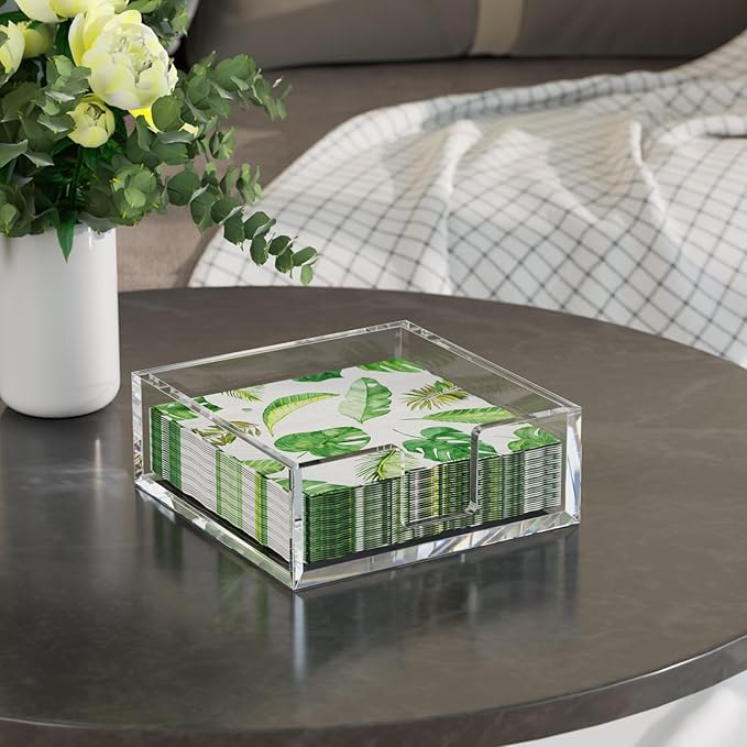 HIIMIEI Acrylic Napkin Holder for Table: Square Cocktail Napkin Dispenser, Flat Guest Towel Holder Tray, Disposable Hand Towel for Bathroom, Kitchen, Bar, Dinner, Party(Clear)
