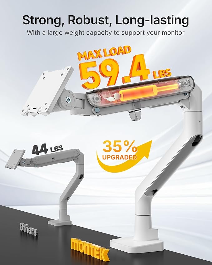 monTEK Heavy-Duty Monitor Arm for 17-57" Ultrawide Curved Screen, Supports up to 59.4 lbs, Adjustable Gas Spring Arm, 75/100 VESA Mount, Clamp & Grommet Desk Monitor Mount Single, White
