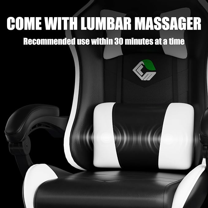 Gaming Chair, Ergonomic Office Computer Chair with Footrest and Lumbar Support Massager Racing Style High Back Video Gamer Chair, Wide&Thick Cushion, 90°-135° Recline, Adjustable Height, White