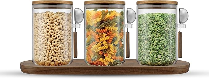JoyJolt Holden 32oz Stackable Glass Storage Containers with Lids Scoops and Tray, Clear Airtight Food Canister Set of 3 w/Acacia Wood Lids, Round Stacking Pantry and Kitchen Containers w/Scoop