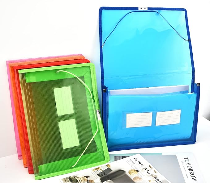 Expanding File Folder Document Organizer r with Flap and Cord Closure, Waterproof Transparent Document Bag, 2.8" Expansion, Letter A4 Expandable File Folder for Home School Office Organization,5 Pack