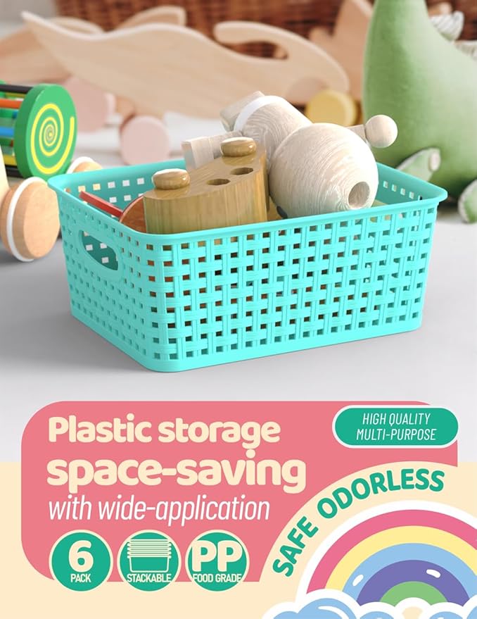 WYT 6-Pack Plastic Small Shelf Storage Weave Baskets Organizing for Cabinets and Pantries, Sky Blue