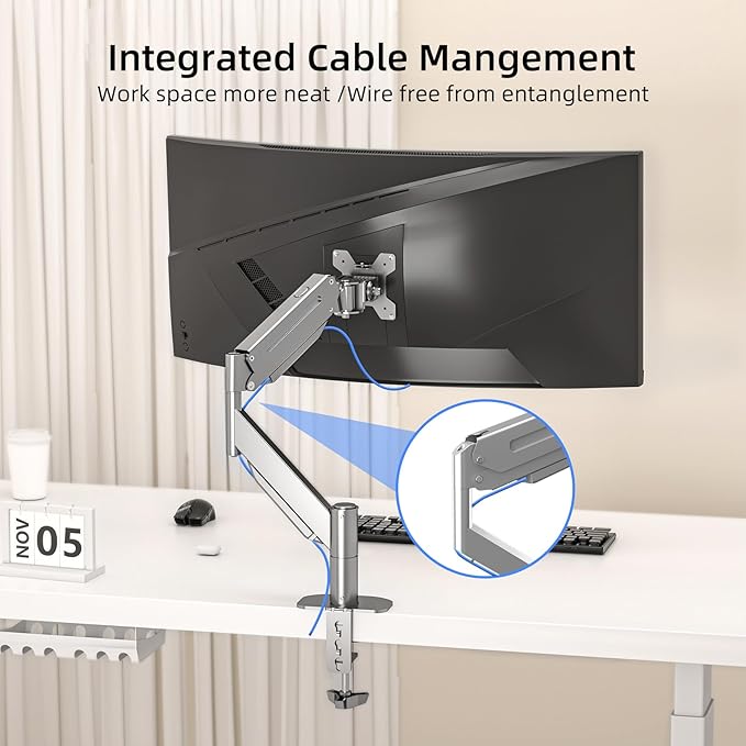 Suptek Ultrawide Monitor Arm Mount for 17 to 43 Inch Heavy Duty Curved Screen,Holds 28.6 lbs,Adjustable Gas Spring Monitor Arm Desk Mount Stand,75/100 Vesa Mount,Silver(MD71MS)