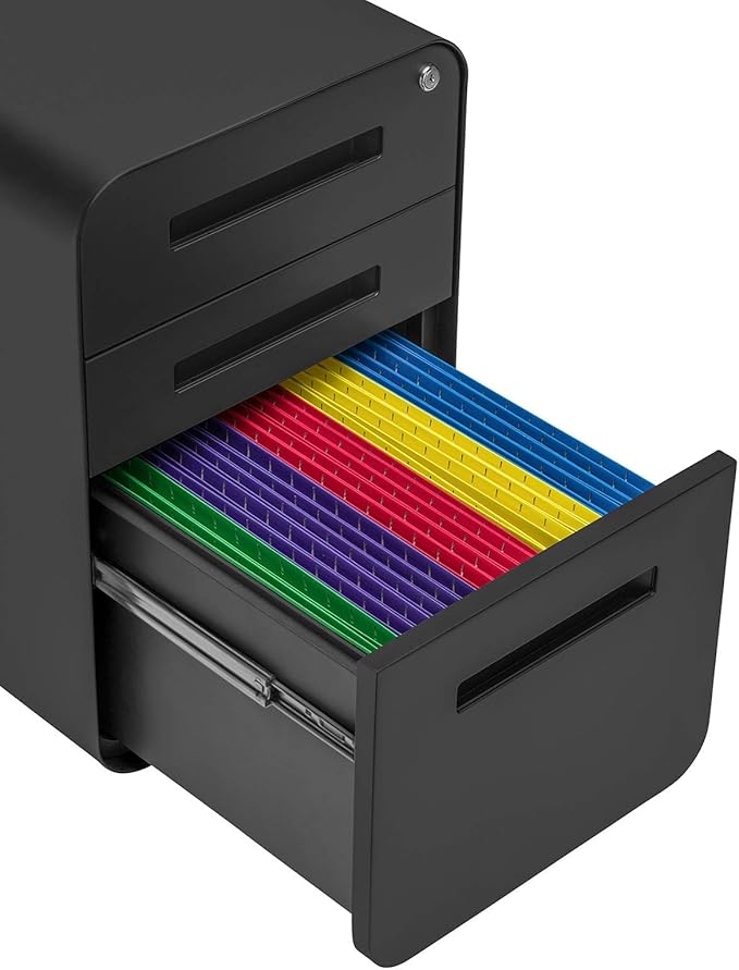 Laura Davidson Furniture Stockpile 3 Drawer File Cabinet with Lock - Under Office Desk Metal Filing Cabinet, Legal/Letter File Folders, Wheels and Stationary Feet, Pre-Assembled, Black