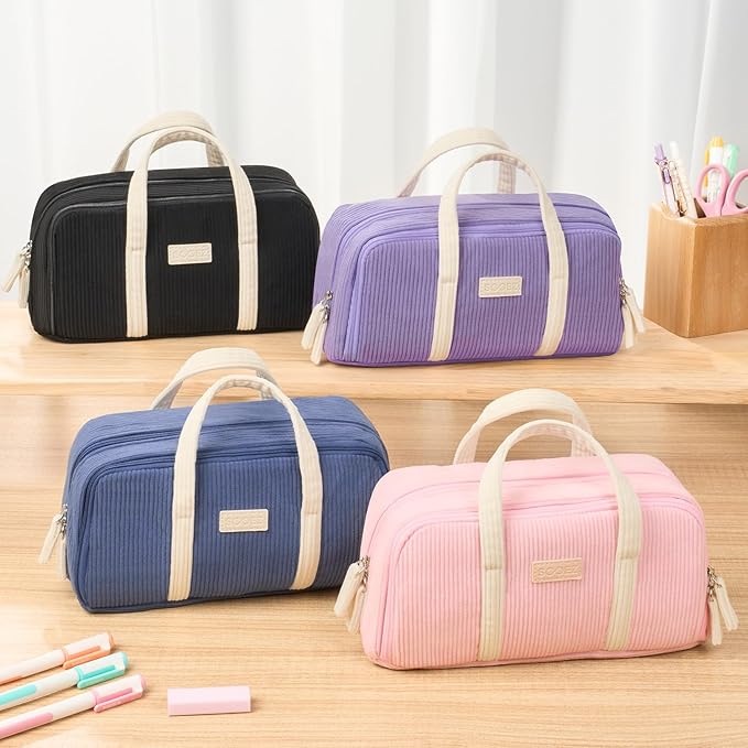 Sooez Large Pencil Case Pouch, Extra Big Pencil Bag with 5 Compartments, Pen Case Wide Opening, Soft Corduroy Pen Bag Organizer with Zipper, Cute Aesthetic School Supplies for Teen Girls, Blue