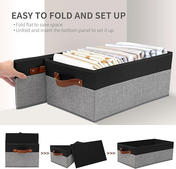 3 Pack Large Capacity Storage Bins Closet Organizer for Shelves, Fabric Closet Storage Baskets Boxes with Leather Handles for Organizing Clothes, Sheets, Jeans, Toys, Books (Black and Grey)